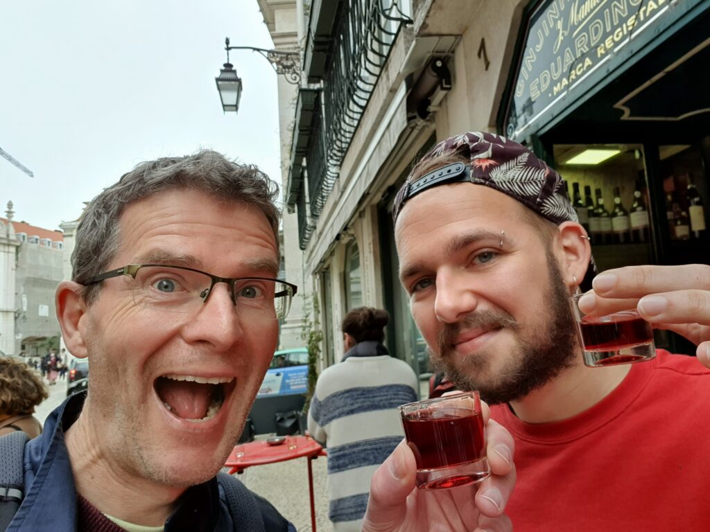 Ginjinha! Time to get some of Lisbon's famous cherry liqueur in! During the Awkrick walking tour of Lisbon.